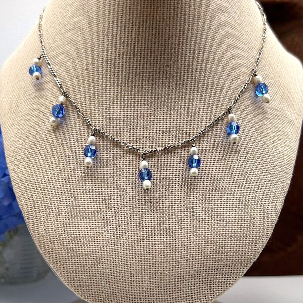 Dainty Sterling Silver 925 Necklace with Seed Pearl and Blue Crystals 16"